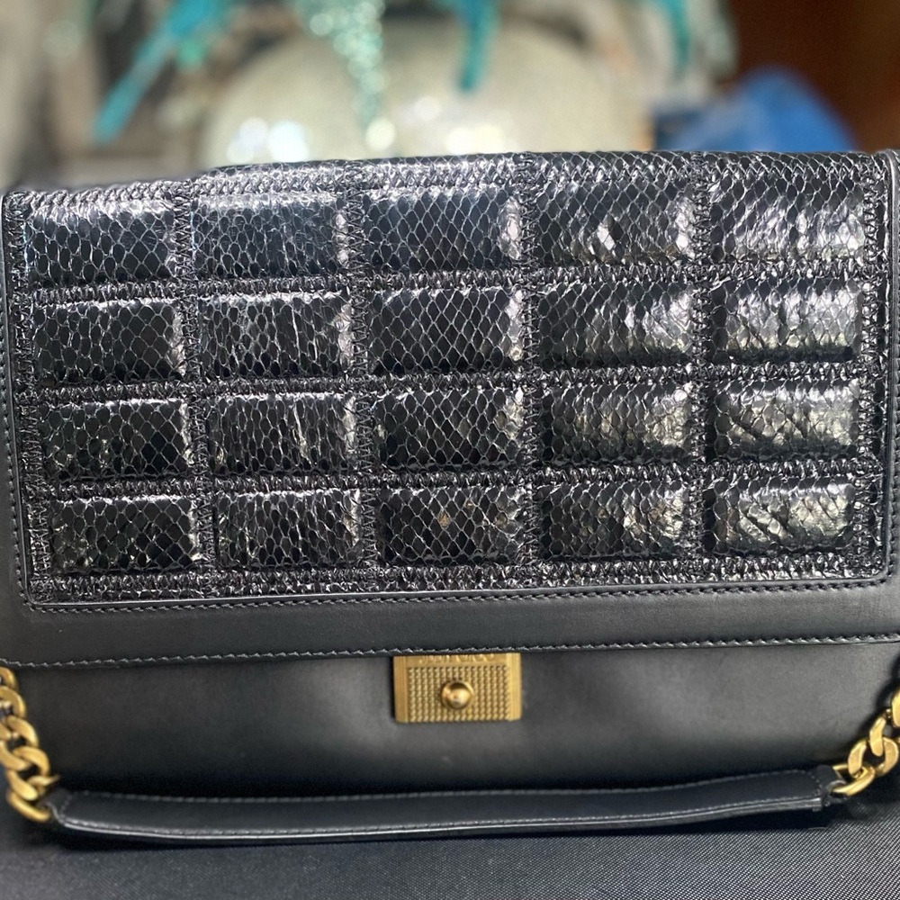 Jimmy Choo Black Leather and Python Cassie Shoulder Bag.